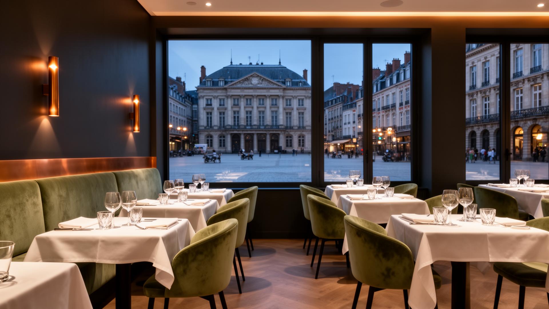 Salle lumineuse du Restaurant Sébastopol avec vue sur la Place Sébastopol à Lille